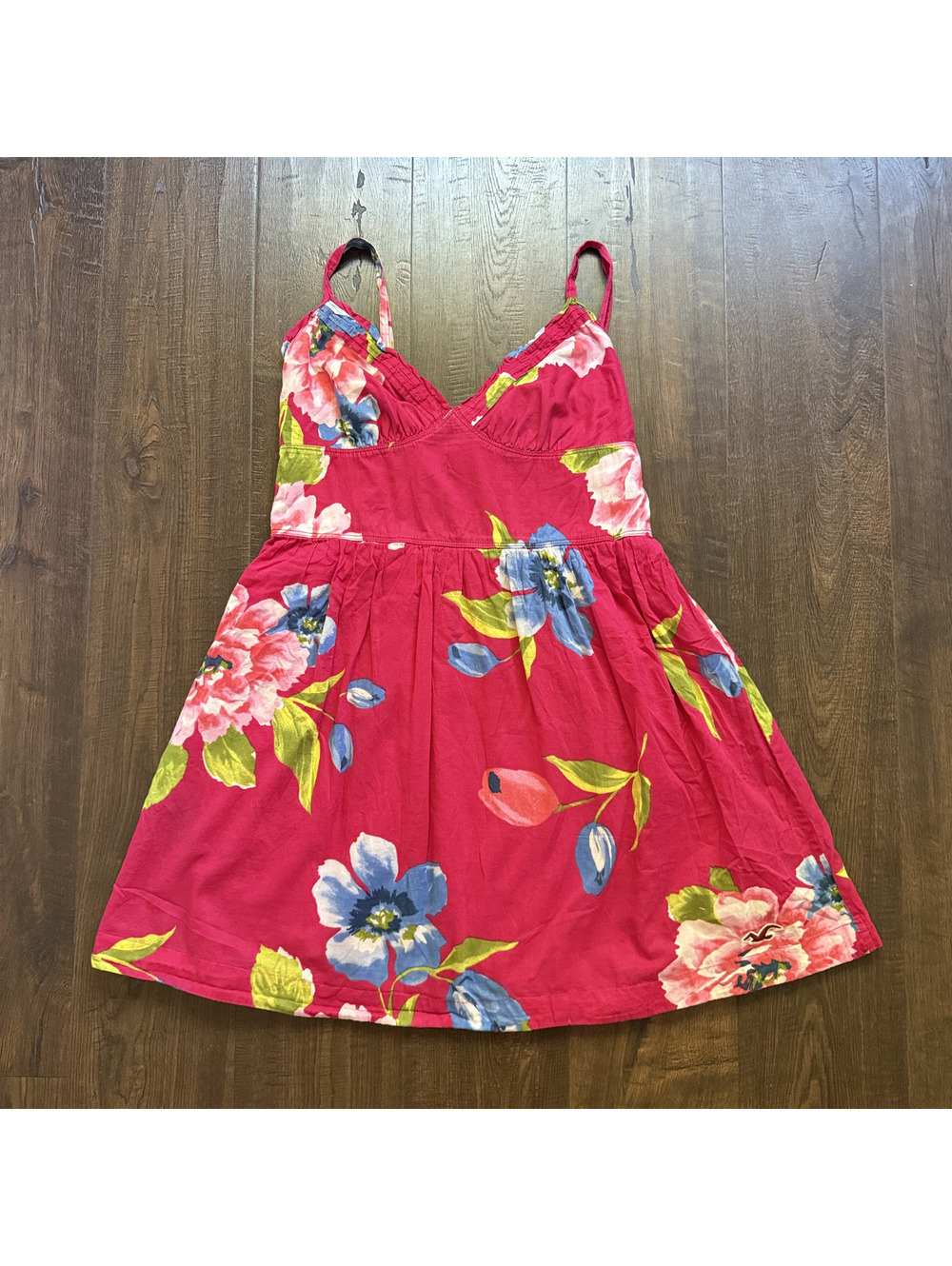 Vintage Y2K Hollister Pink Floral Cotton Sundress L Smocked Tie Back Babydoll